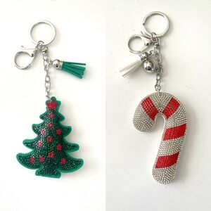 Keychain Set- Rhinestone Christmas Tree and Candy Cane. New!
